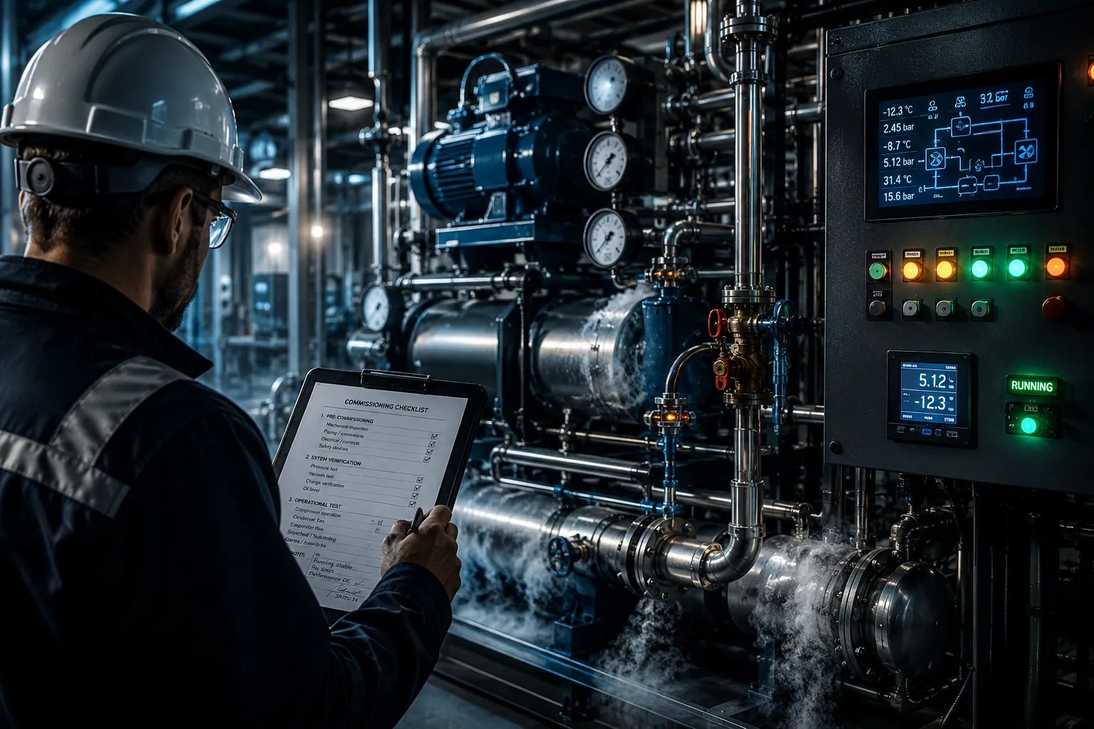 Técnico revisando parámetros de una planta frigorífica con una tableta