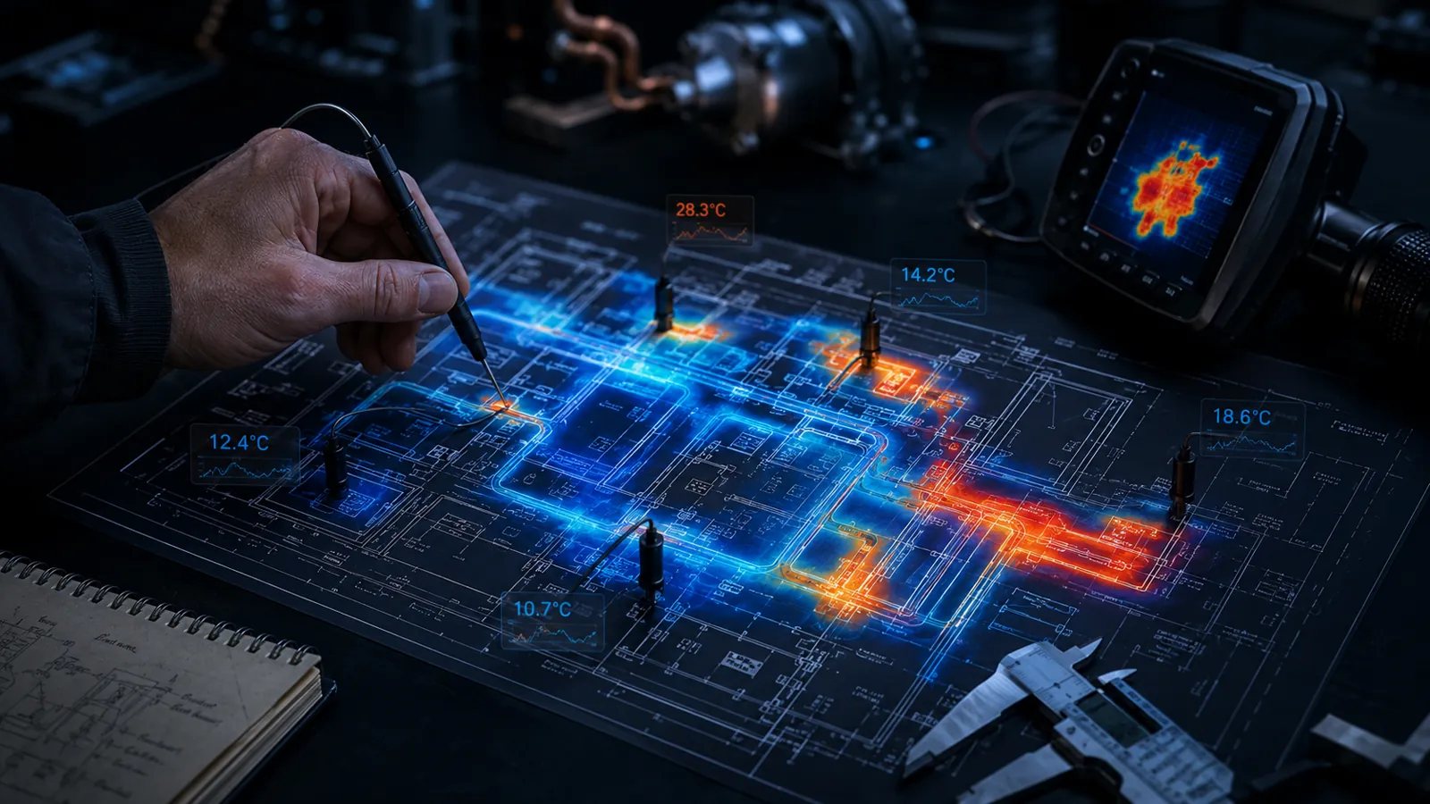 Ingeniero diseñando un circuito frigorífico en pantalla